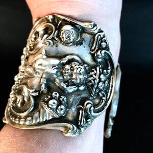 Antique Tiffany Cir.19th C Sterling Silver Cuff Bracelet Cherub Putti 925 Rare